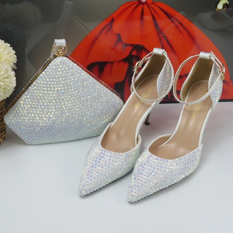 Bride Wedding shoes and Bag White AB Bling Crystal Sandals Woman Thin Heel Ankle Strap Party Shoes Matching Bag Pointed Toe Pump