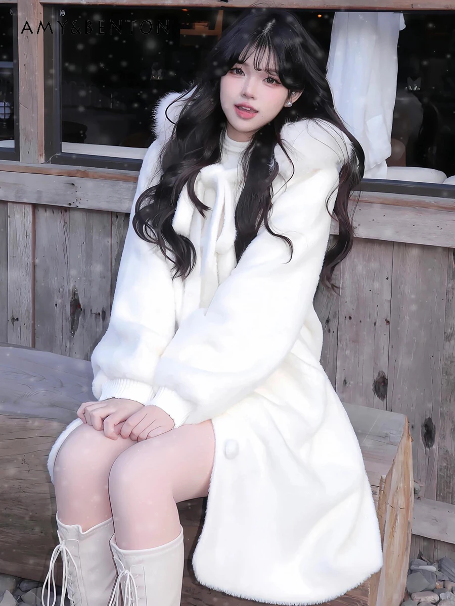 

2025 Autumn Winter New Women Sweet Cute Plush Cat Ear Hooded Mid-Length White Loose Casual Versatile Woolen Coat