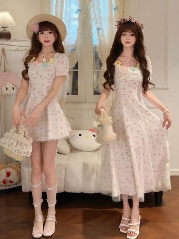 

Floral Print Slimming Waist Summer Dress Beach Vacation Style Bubble Sleeve Women's Cotton Dress Sweet Style City Commute
