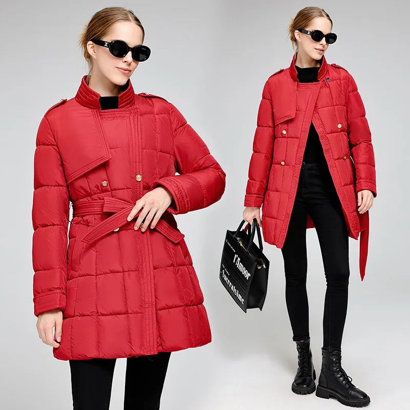 Women Mid Length Belted Slim Fit Padded Coat, Elegant Korean Style Winter Cotton Jacket