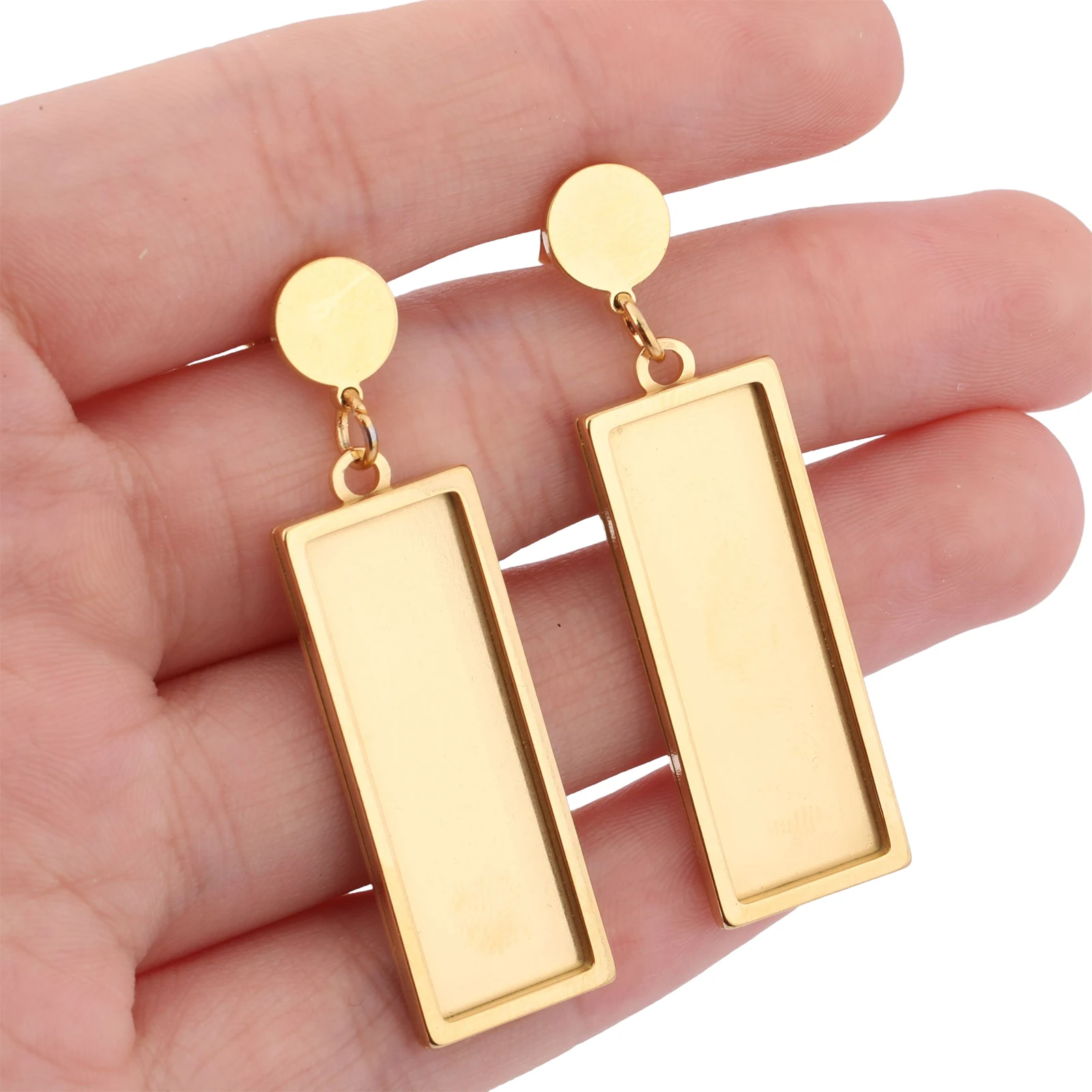 6 peças de bases para brincos em aço inoxidável banhado a ouro, para cabochões retangulares de 10x30mm, componentes DIY para brincos de pino.