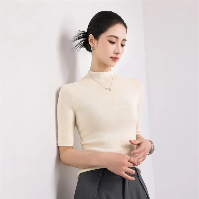 Seamless Knitted Mid-Sleeve Women'S Sweater Made Of Fine Yangzi Yarn 100% Pure Wool Semi-High Collar Slim-Fit Base Shirt