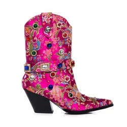 Brand Woven Brocade Embroidery Rhinestone Rivet Short Boots New Fashion Show Pointed Slope Heel Chelsea Women's Boots Size 43