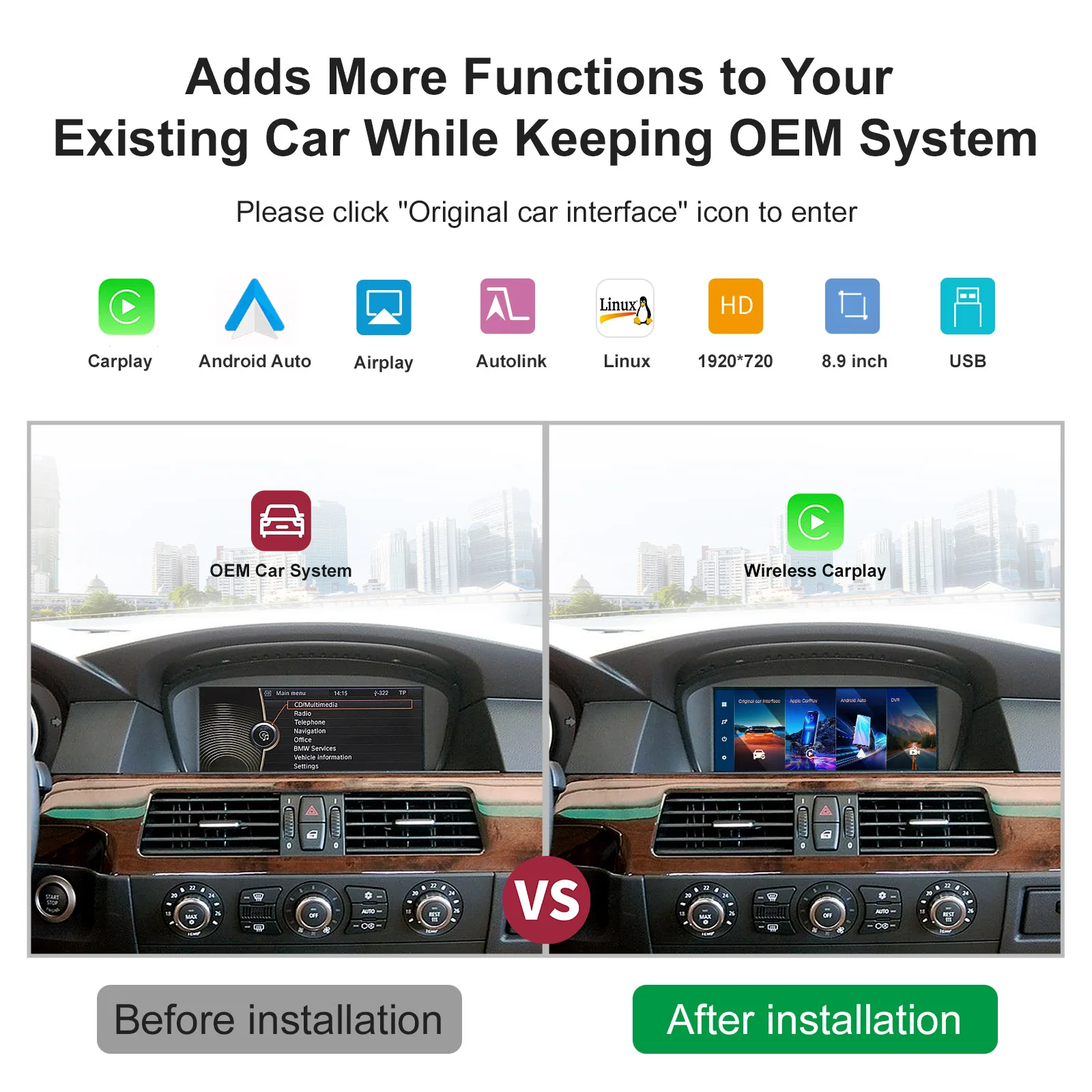 8.9inch Wireless Linux CarPlay Android Car Multimedia Screen for BMW 3 5 Series CCC, E60/E63/E64/E90/E91/E92/E93 2005-2010 view 5