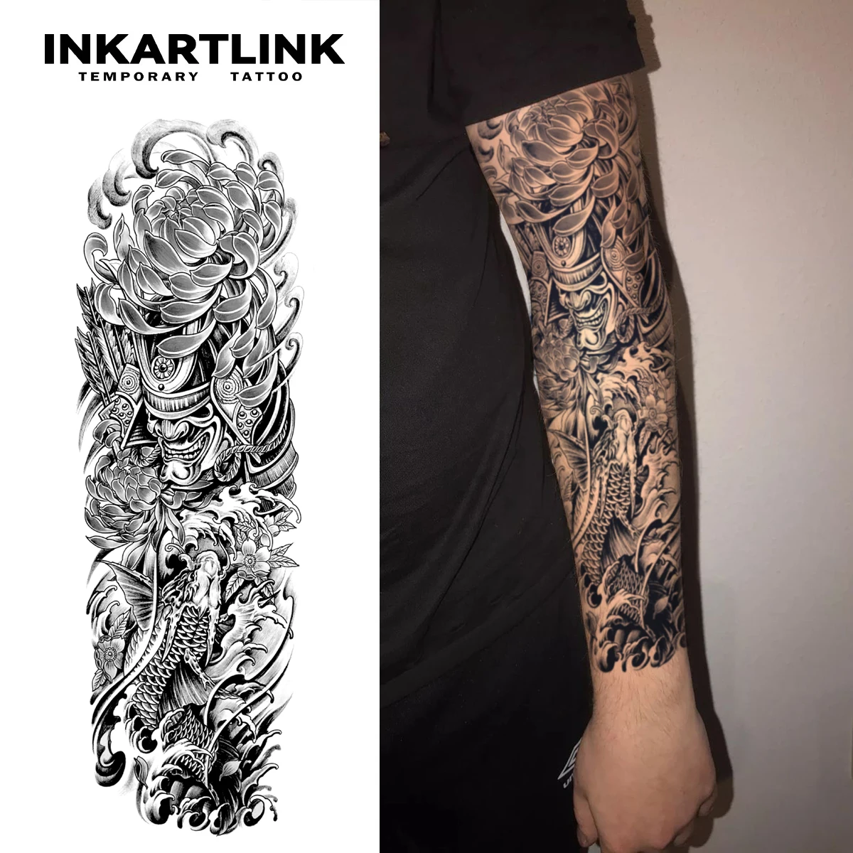 Wave Mask Koi Temporary Tattoo,Lasts To 15 Days New Technology Magic Waterproof Semi Permanent Sticker,For Men's Sleeve Tattoos.