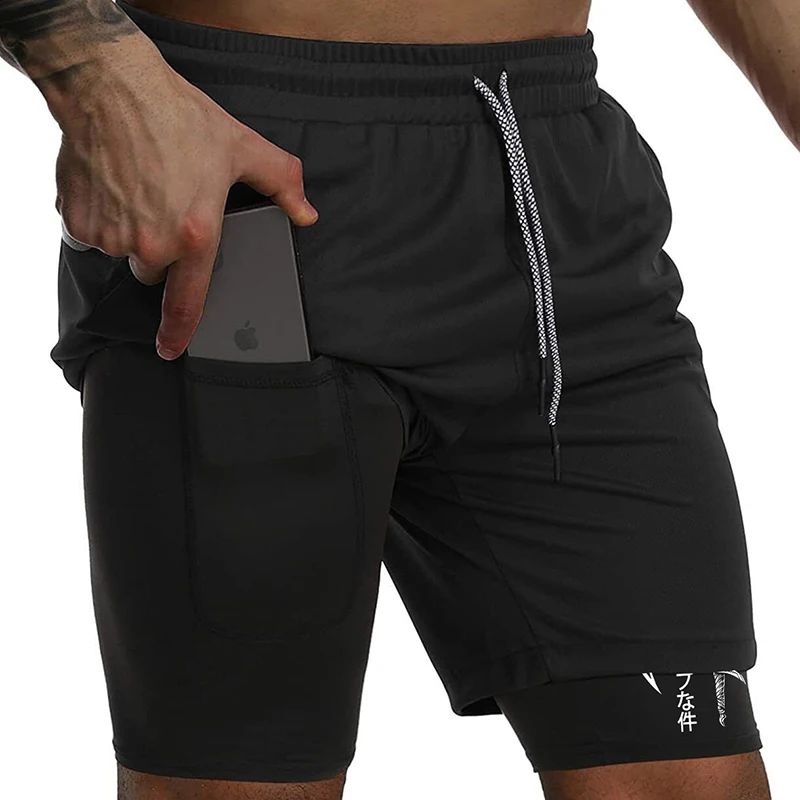 Graphic 2 in 1 Workout Running Shorts for Men Gym Athletic Performance Shorts with Compression Liner Phone Pocket Towel Loop