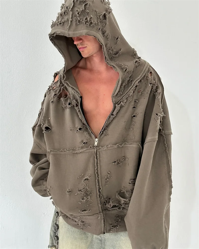 Autumn/Winter Latui Creative Hole Design Zipper Hoodie Vintage High Street Casual Cotton Trendy Coat Versatile Hip Hop Sports