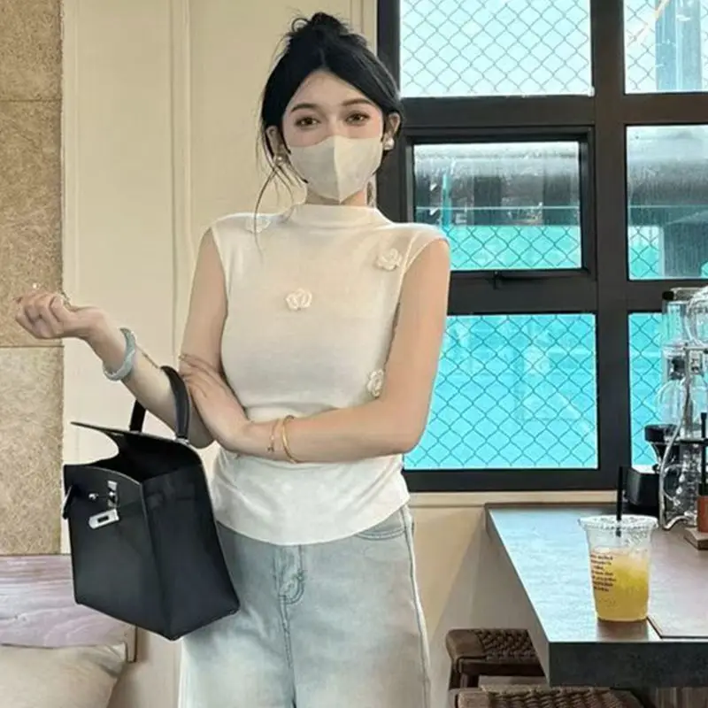 Suéter de punto con flores para mujer, chaleco sin mangas con cuello medio alto, Top ajustado de Color sólido, suéter para fiesta y Club