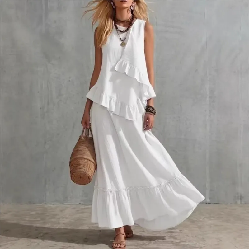 Women's Two-piece Sleeveless Irregular Ruffle Top Long Skirt 2026 Summer Cotton And Linen Fashion Casual Loose Solid Color Suit