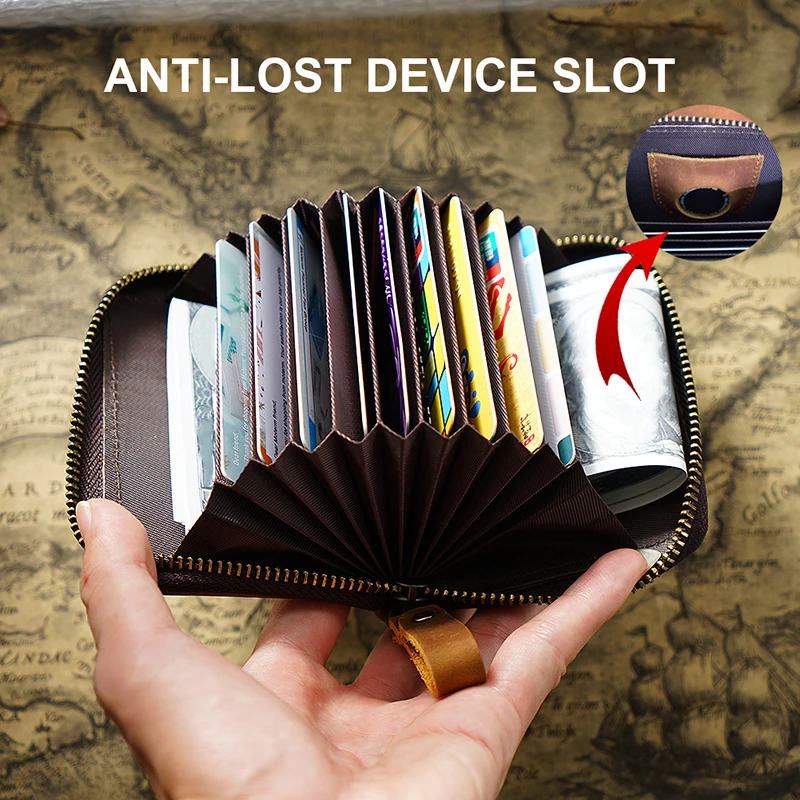 Retro Genuine Leather Airtag Card Bag Top Layer Cowhide RFID Blocking Credit Card Holder Anti-lost Coin Purse For Men Women