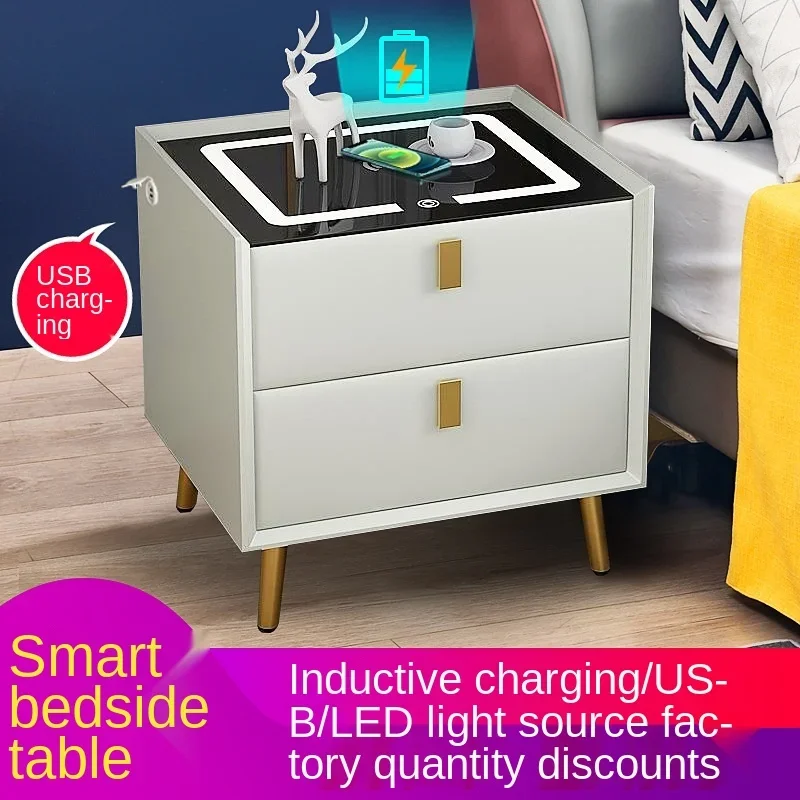 Bedside Table Smart Bedside Cabinet Simple USB Wireless Charging with Lamp Solid Wood Leather Bedroom Furniture Nightstands