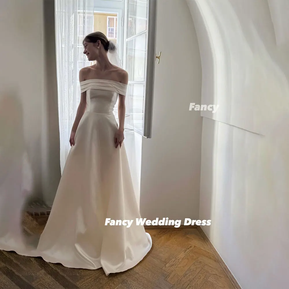 Fancy Elegant Off Shoulder Wedding Dress Korea Photo Shoot Long Sleeve Pleats Bridal Gown Floor Length Customzied