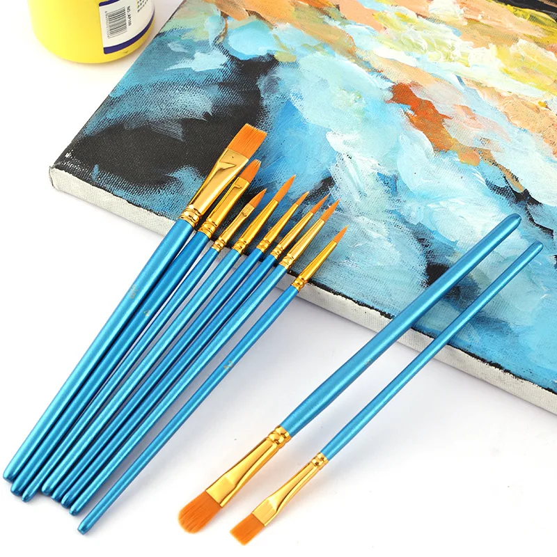10Pcs Painting Brush Pearly Blue/Purple Rod Watercolor Paint Pen Set Glossy Hair Nylon Wool Fan Oil Paintbrush Diy Acrylic
