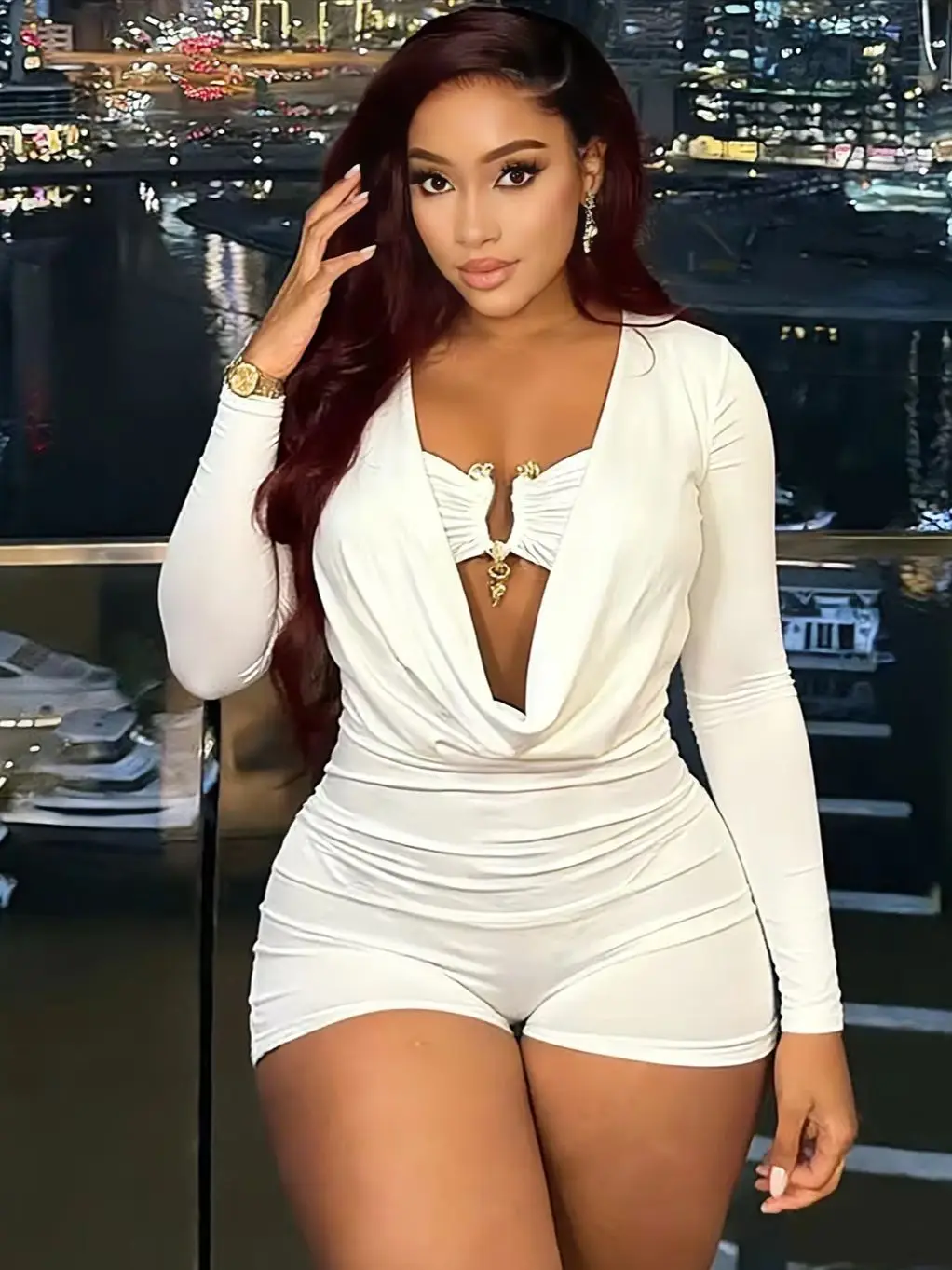 Sisterlinda Swinging Neck Playsuits Women Solid Metal Splice Cleavage Full Sleeve Stretch Sexy Slim Romers Chic Trend Clubwear