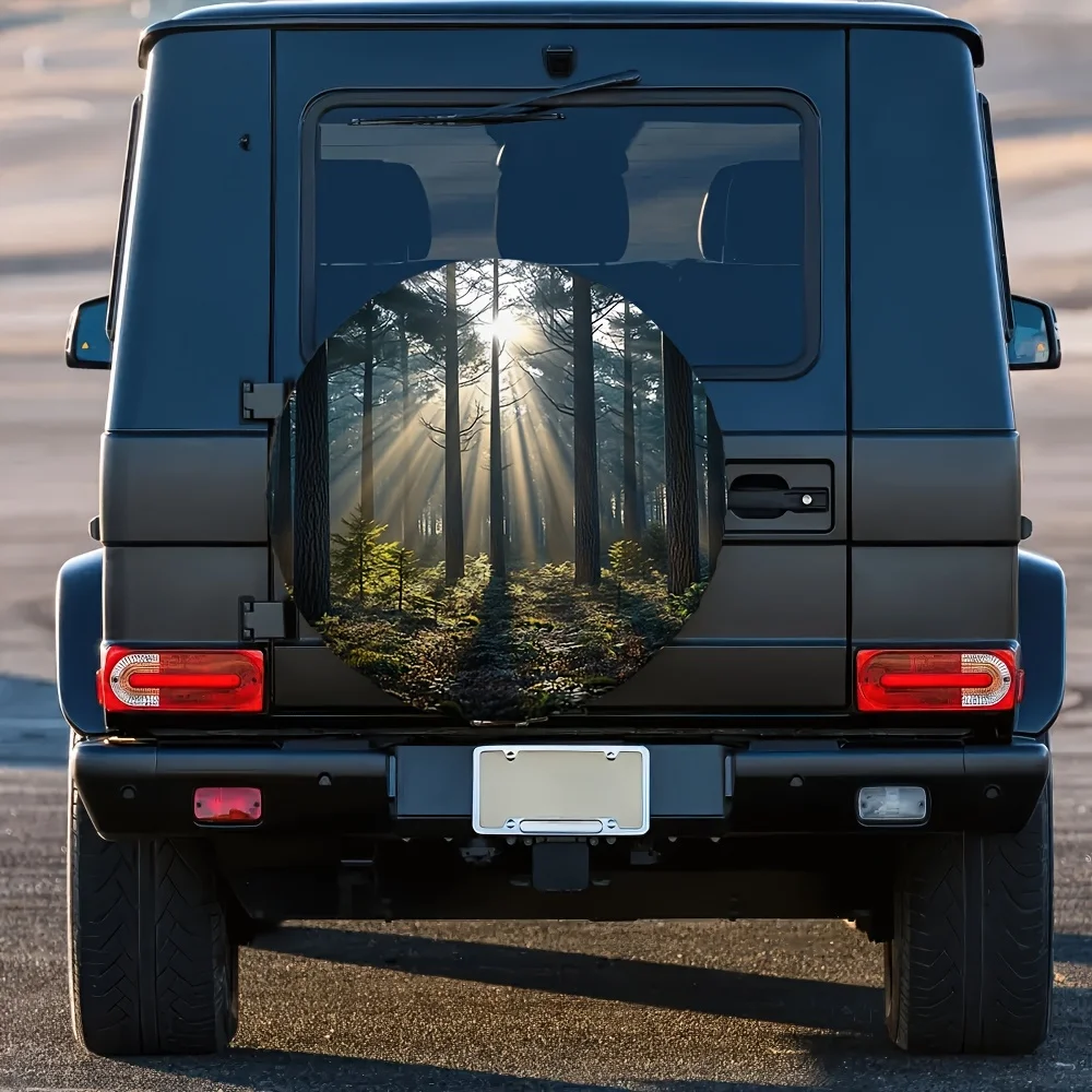 1pc Waterproof Forest Sunshine Spare Tire Cover - Durable Polyester Fabric, Fit For Trucks & Trailers, Forest Scene Design With
