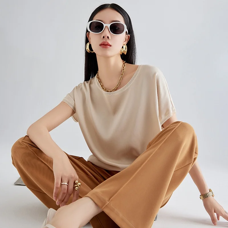Birdtree, 90% Real Silk 10% Spandex T shirt, O-neck Satin Basics Tops, Women Short Sleeve Loose Shirt, 2026 Spring New T62233JF