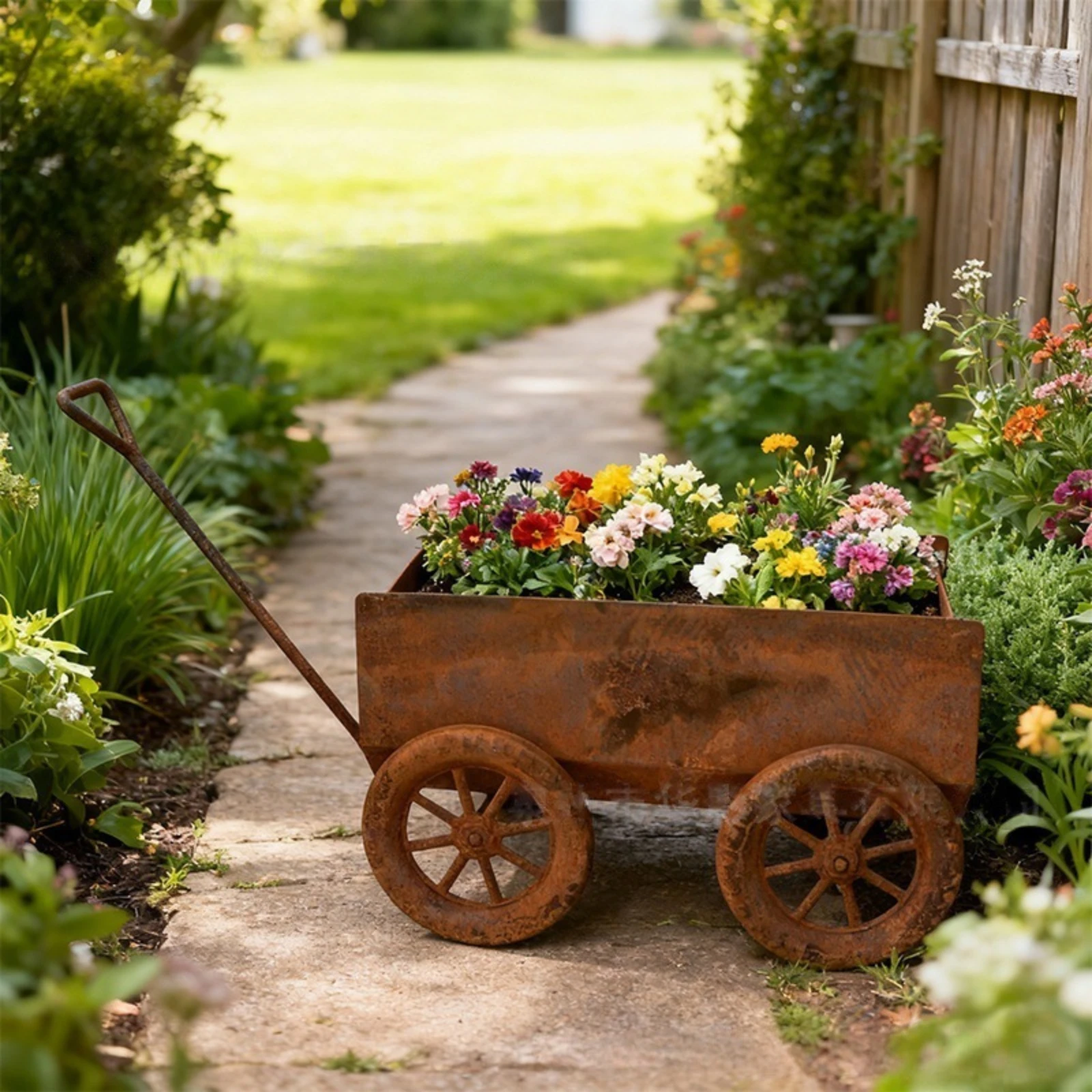 Rustic Metal Wagon Planter Outdoor Garden Flower Pot Vintage Wheelbarrow Decorative Container Rusty Patio Decoration