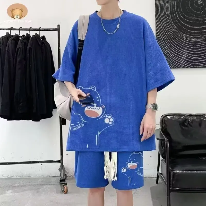 Summer Man Tracksuit Japan Cartoon Streetwear Hip Hop Rock Casual Short Suit Cool Printed waffle T Shirts Shorts 2 Piece Set New