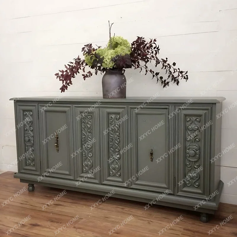 Retro premium green living room storage locker solid wood carving flower entrance cabinet dining room side cabinet decorative