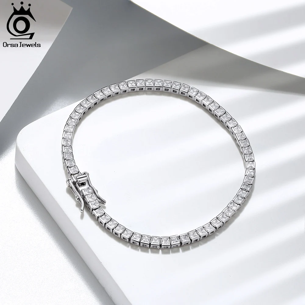 ORSA JEWELS Real 925 Sterling Silver 2mm Tennis Chain Bracelet for Women Fashion Princess-Cut Cubic Zirconia Chain Jewelry SB144