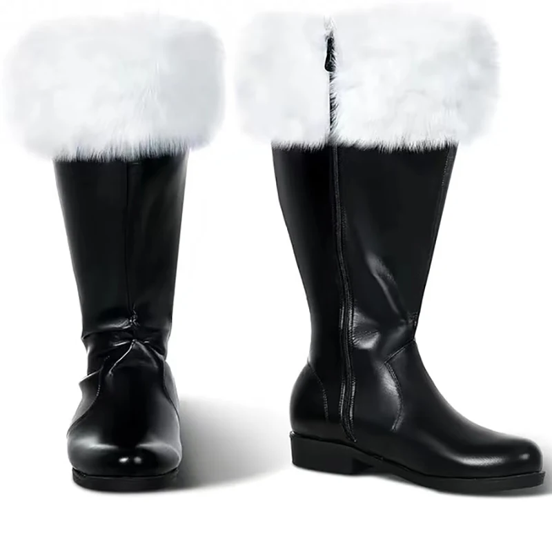 Christmas Santa Claus Boot Suitable For Men Women Cosplay Black Leather Shoes White Plush Cuffs Foot Christmas Winter Boots