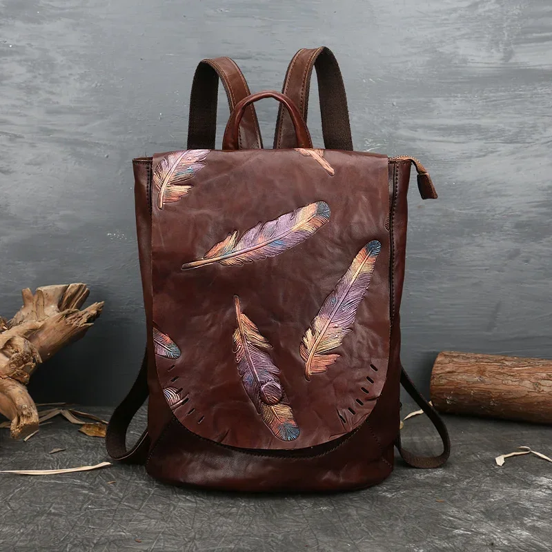 

Retro Backpack Genuine Leather Bag For Women Vintage Embossed Cowhide Backpacks Ladies Leisure Feather Backpack