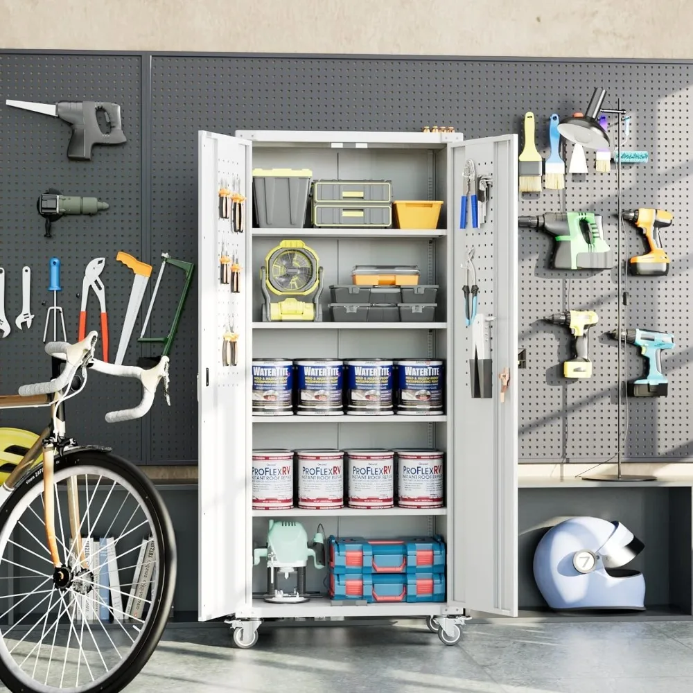 Upgraded Metal Garage Storage Cabinet with Wheel,Steel Tool Cabinet with 2 Doors and 4 Adjustable Shelves for Garage Home Office