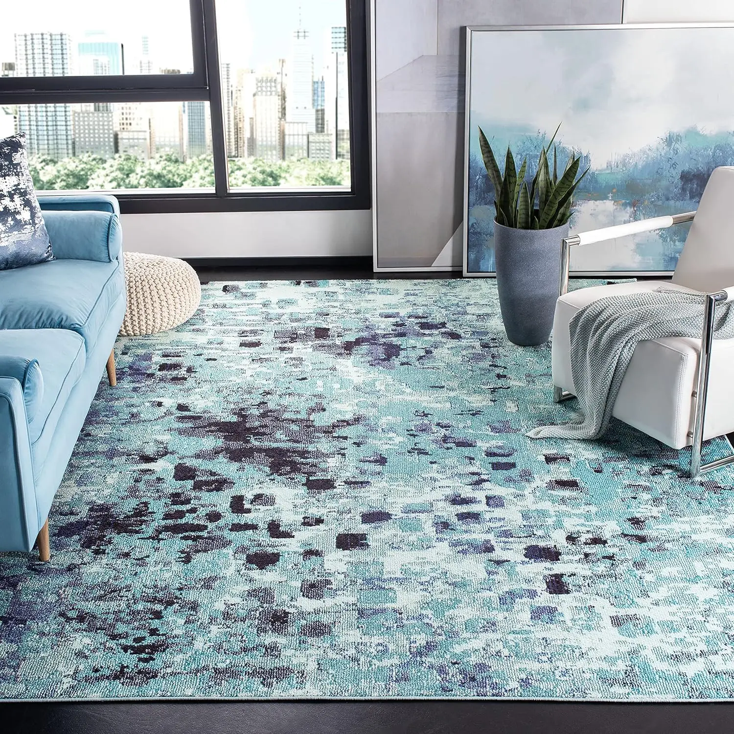 

Area Rug Turquoise & Navy, Boho Abstract Distressed Design, Non-Shedding & Easy Care, Ideal for High Traffic Areas in Living