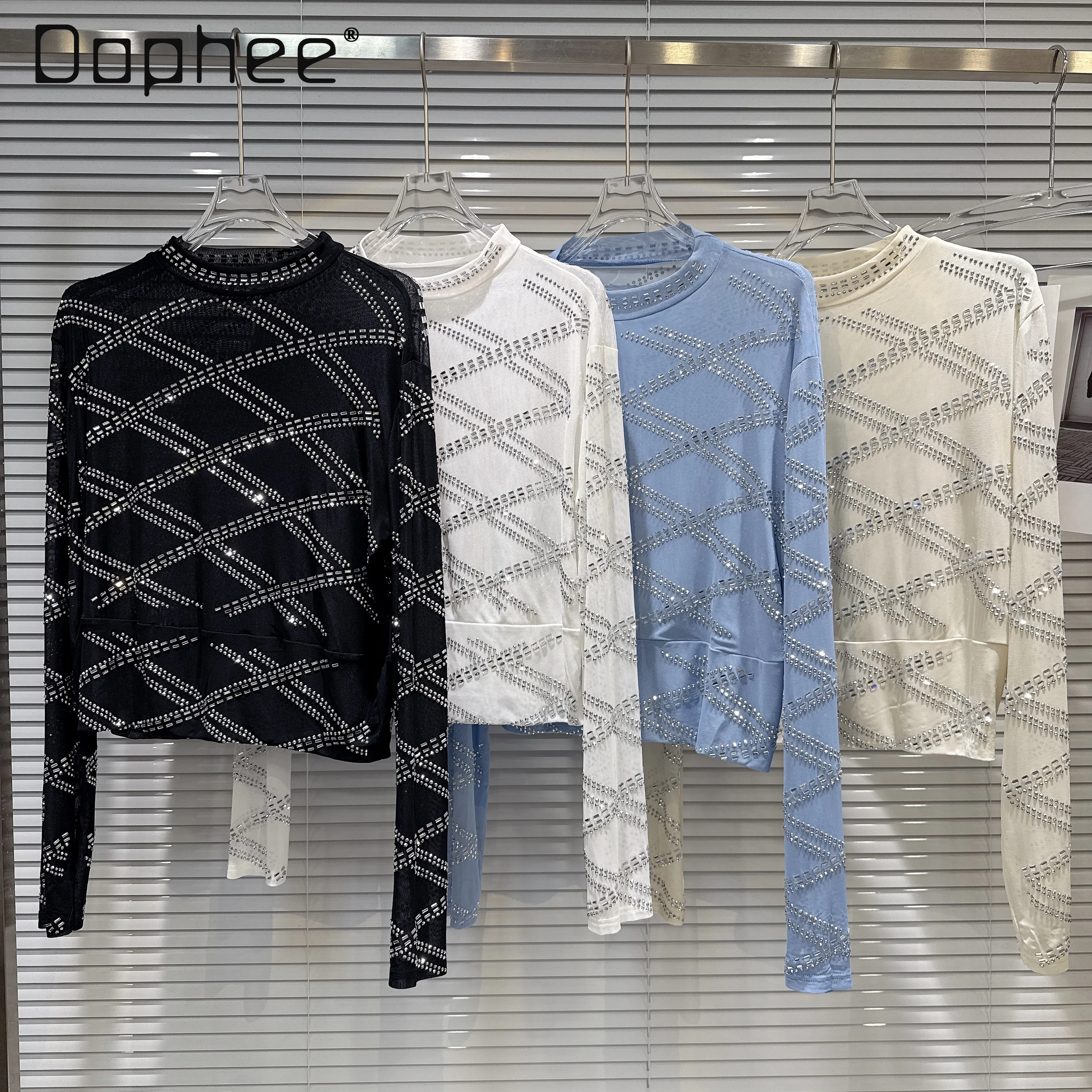 

Autumn New Luxury Socialite Heavy Rhinestone Semi-High Collar Mesh T-Shirt Korean Chic Fashion Long Sleeve Trendy Hot Girl Top