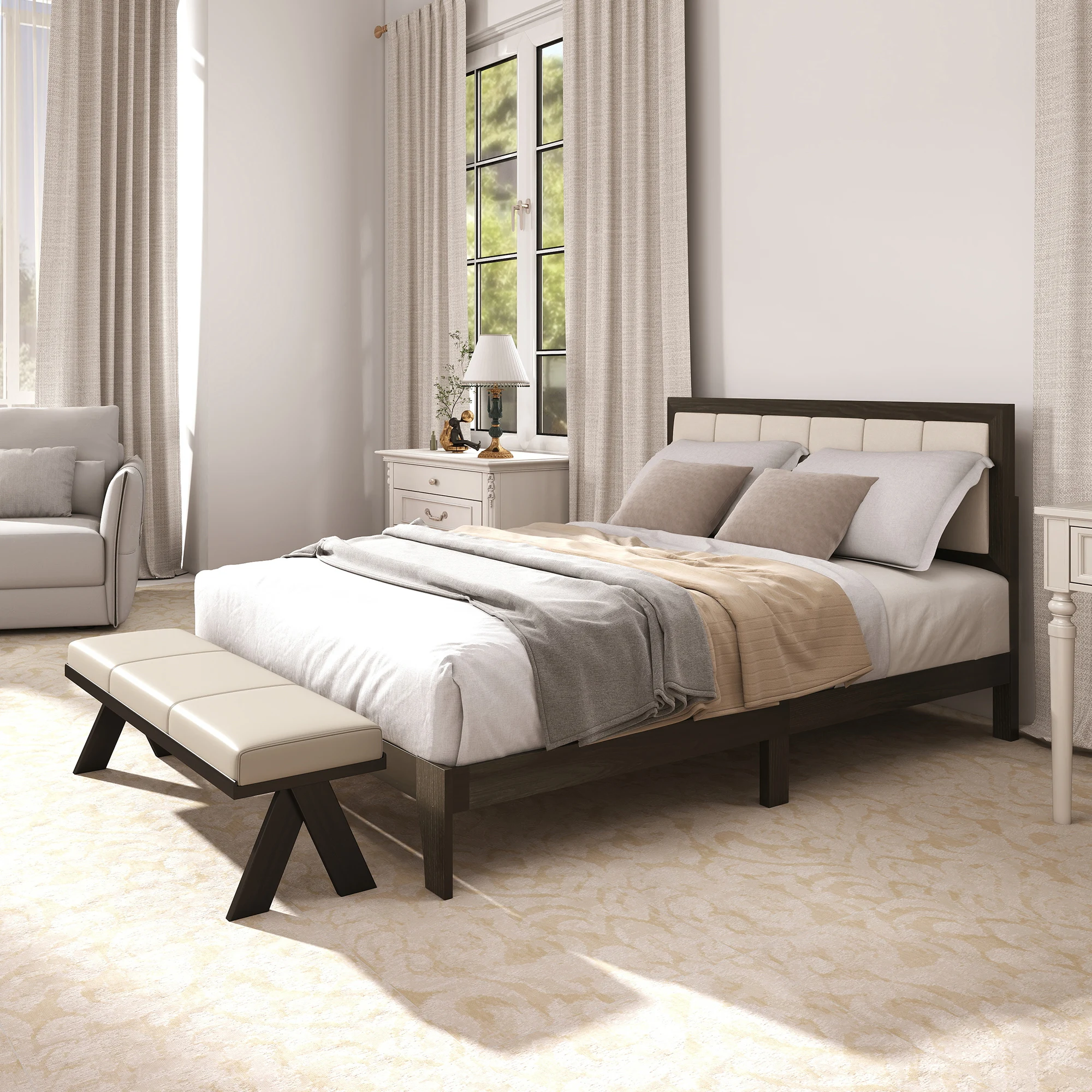 HOMCOM Full Size Bed Frame with Upholstered Headboard Charcoal Gray
