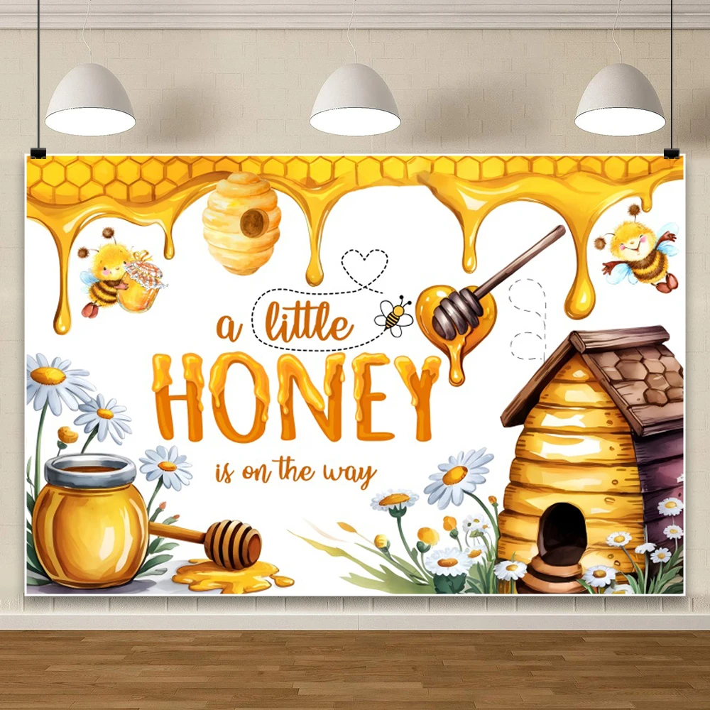 น้ําผึ้งเด็กพื้นหลังน้ําผึ้งน้อยอยู่ในทาง 1st วันเกิดดอกทานตะวัน Bee Boy Girl Baby Shower ฉากหลังเค้กตารางแบนเนอร์
