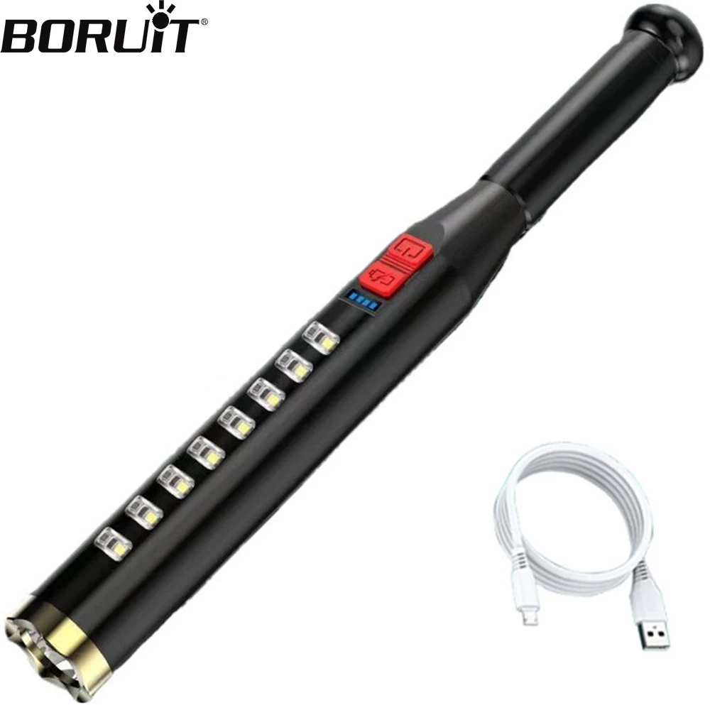 

BORUiT Baseball Bat LED Self Defense Flashlight Super Bright Rechargeable Patrol ABS Torch Waterproof Outdoor Lantern