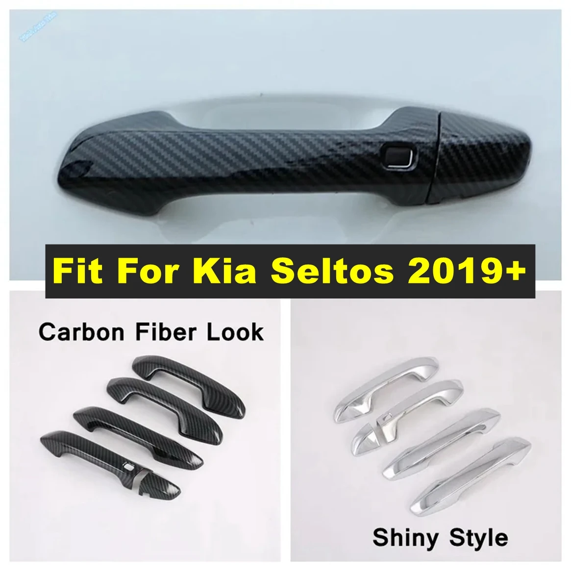 

Carbon Fiber / Shiny Car Outside Door Pull Doorknob Handle Bowl Cover Trim For Kia Seltos 2019 - 2024 ABS Exterior Accessories