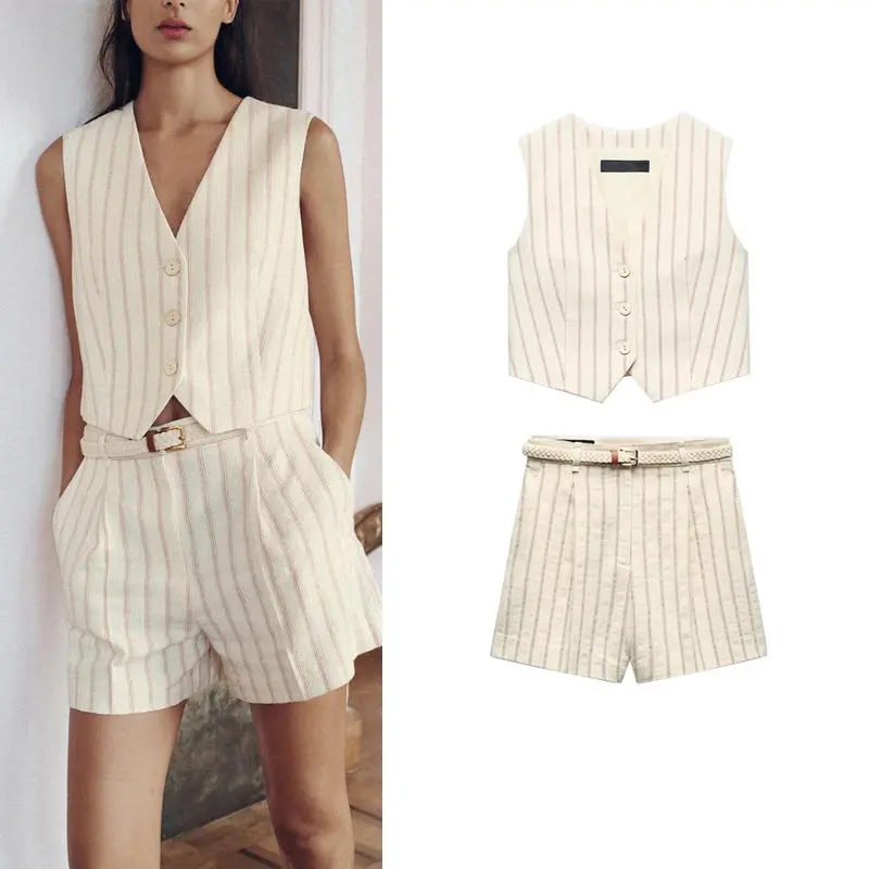 Spring New Casual Stripe Vest And Loose Shorts Set with Belt Women's Fashion Ensemble Polyester Fiber V-Neck Commute Style
