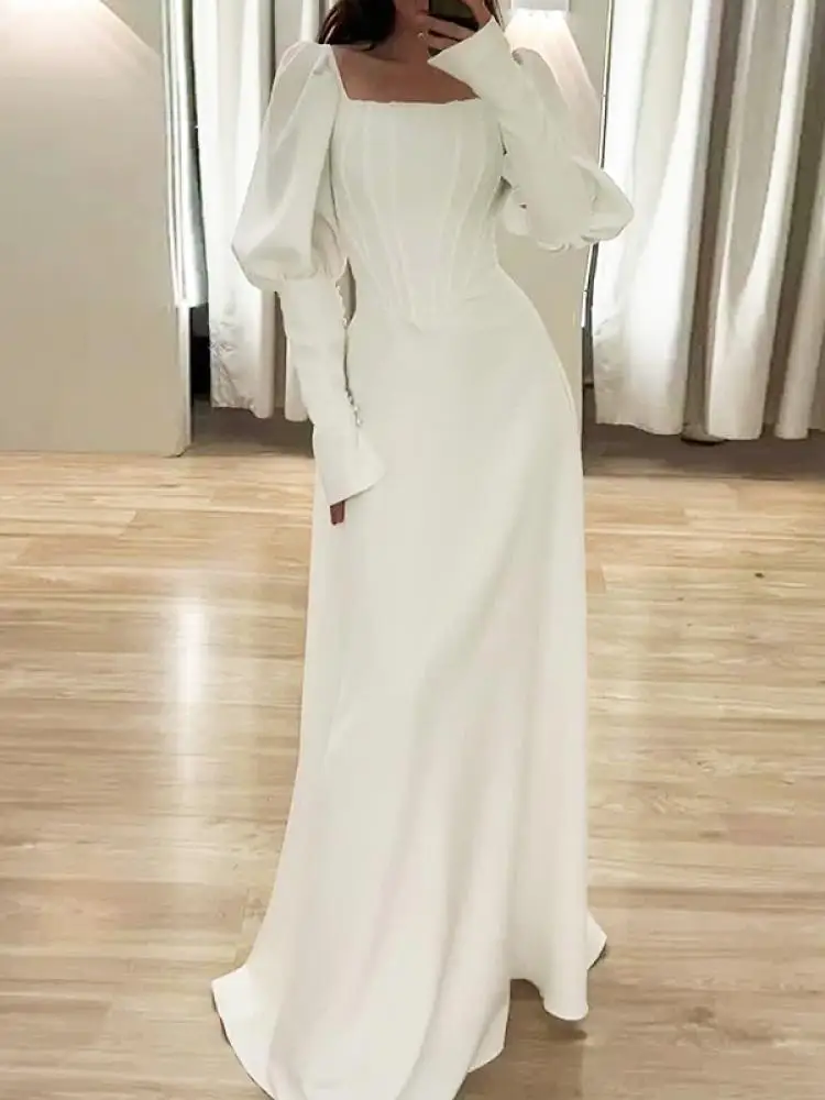 

Freeacy Women's Pure White Princess Dress Square Neck Puff Long Sleeve High Waist A-line Maxi Dress 2024 Evening Party Dresses