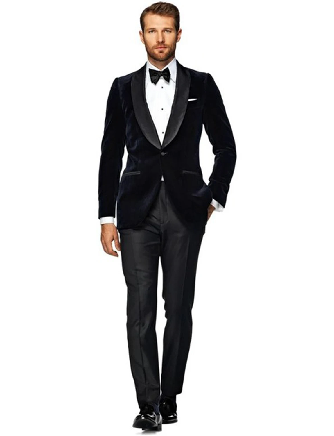 Formal Navy Blue Velvet Men 2 Piece Wedding Suit Groom Tuxedo Slim Fit Business Suits Wedding Suit Costume Homme (Blazer+Pants)