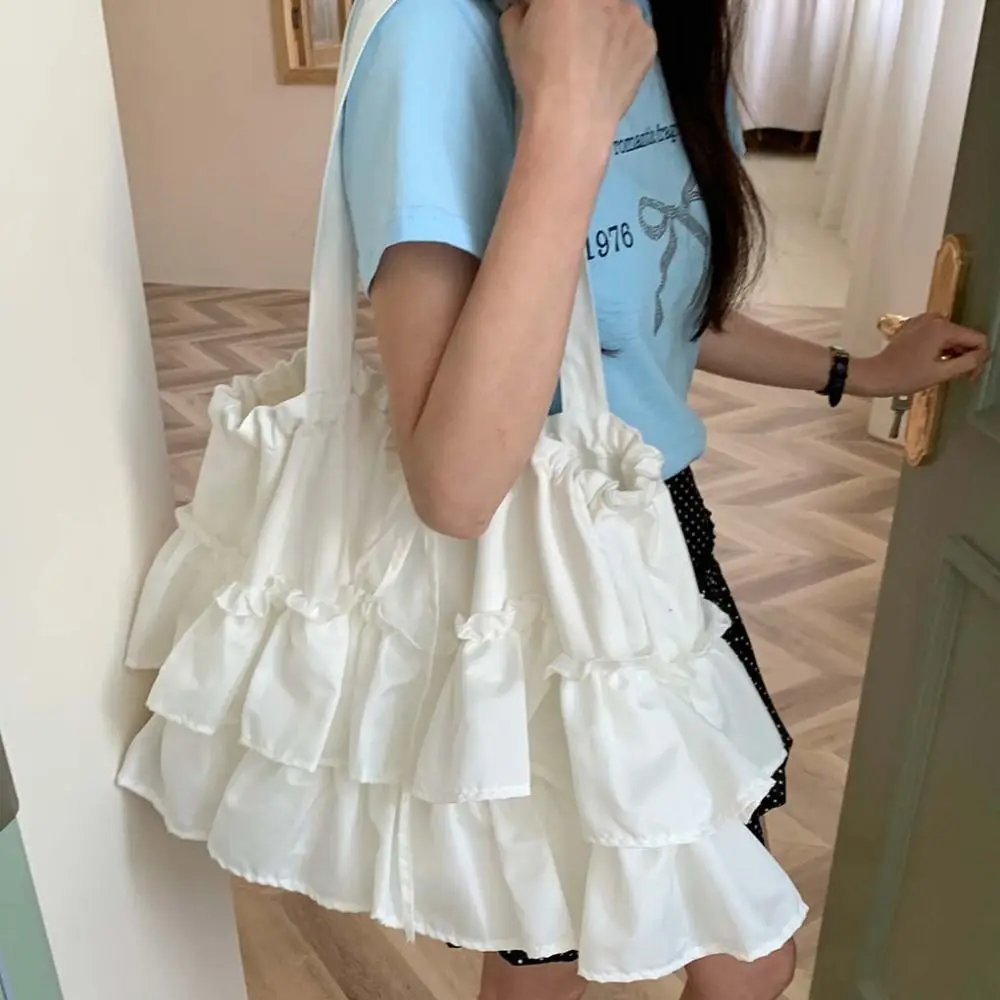 Cake Skirt Shape Lotus Leaf Shoulder Bag Korean Style Fashion Drawstring Handbag Large Capacity Solid Color Tote Bag Travel