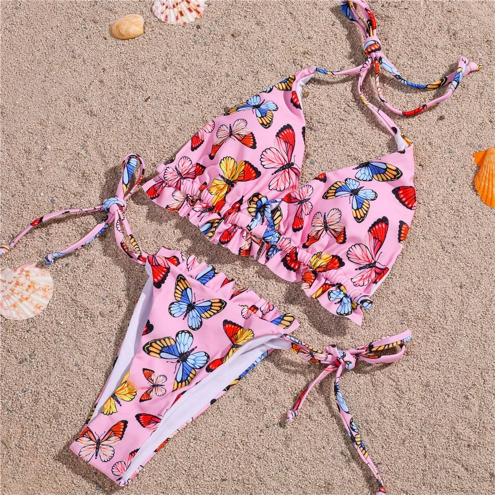 Kawaii Bikini Butterfly Ruched Extrem String Swimsuit Backless Women Vacation Swimwears Micro Tangas Beach Outfits Bathing Suits