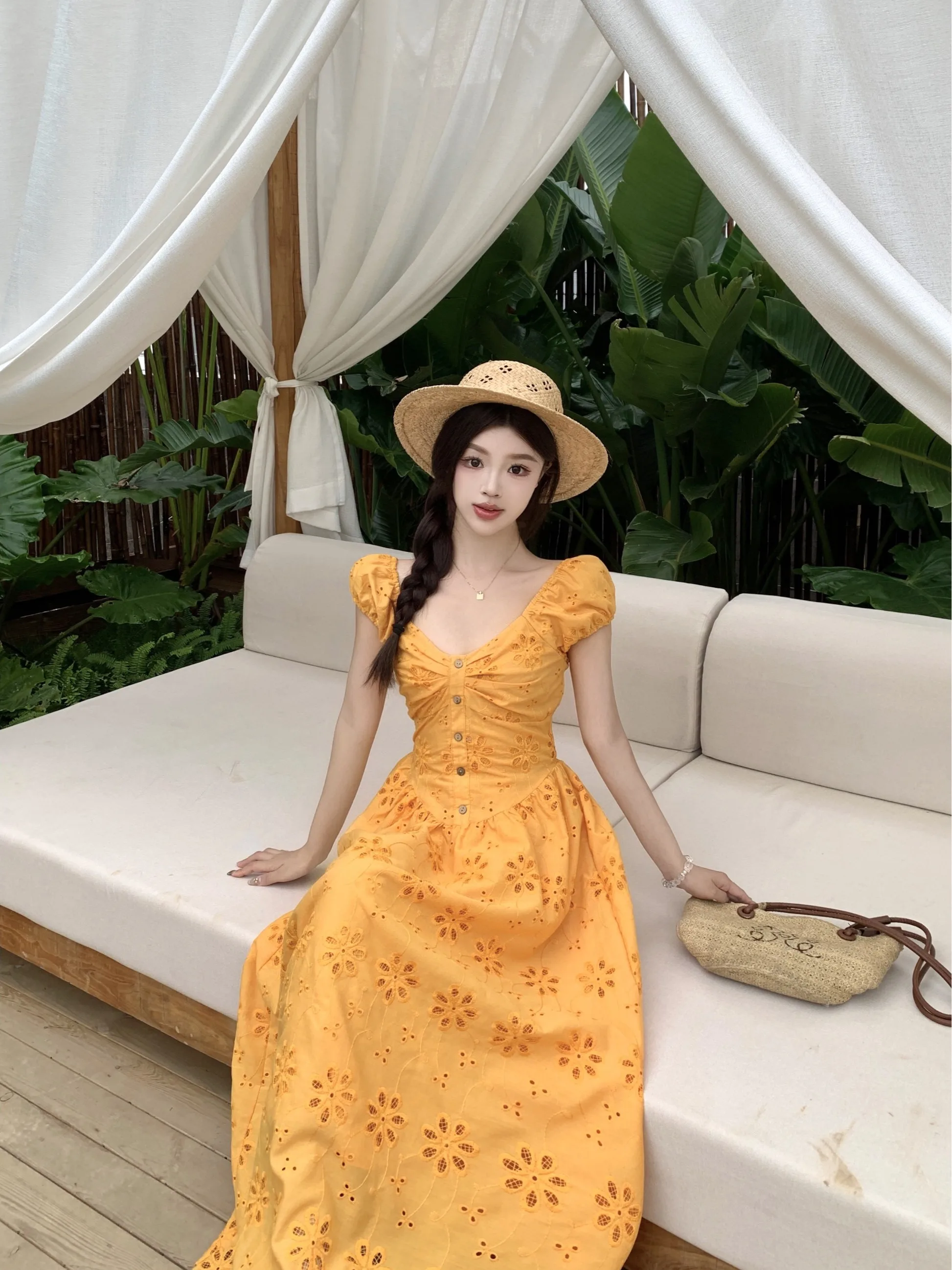 تنورة فرنسية مطرزة بفتحات منقوشة بالزهور باللون الأصفر على شكل حرف a للنساء فساتين طويلة ضيقة لقضاء عطلة الشاطئ هاراجوكو موري جيرل