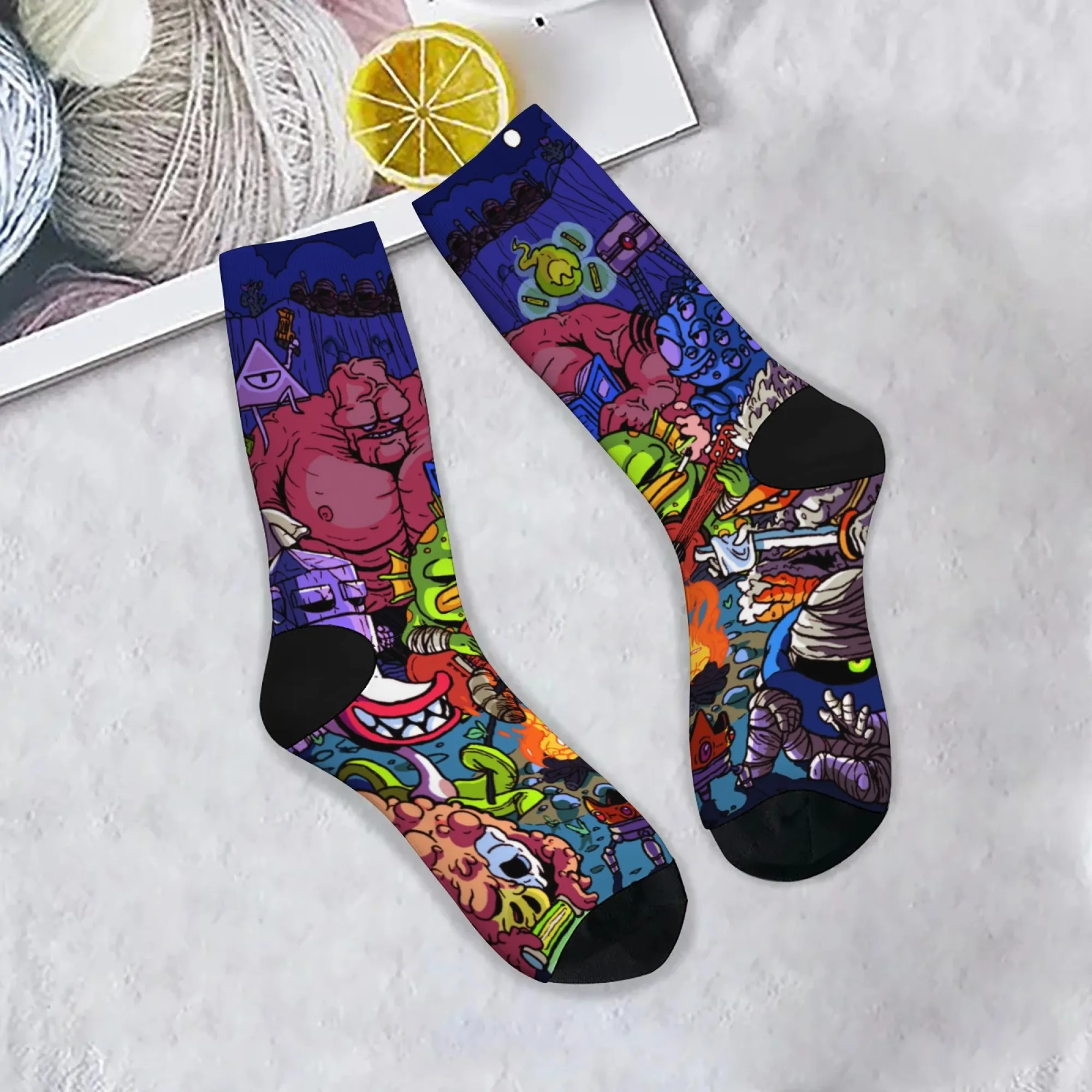 Funky Fantasy Cartoon Graffiti Crew Socks, Weird Creature Gathering Print Socks, Unique Gift for Cartoon & Graffiti Enthusiasts