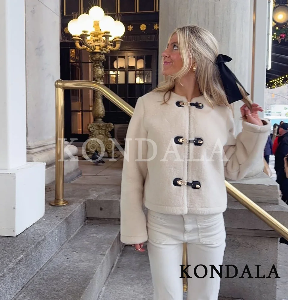 Jaket Bulu Imitasi KONDALA Musim Gugur Musim Dingin, Jaket Bulu Imitasi Elegan Berikat, Jaket Slim Dua Sisi, Mode 2025, Mantel Wanita Romantis Manis