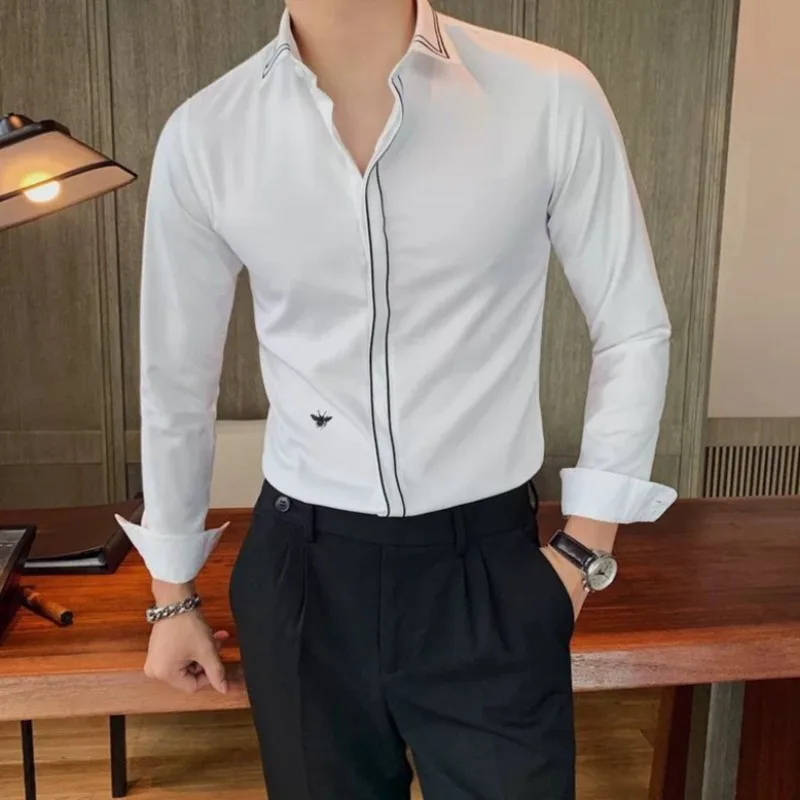 

Весенняя мужская рубашка с длинным рукавом и цветными блоками, облегающий деловой повседневный элегантный модный топ с вышивкой ​ для мужчин