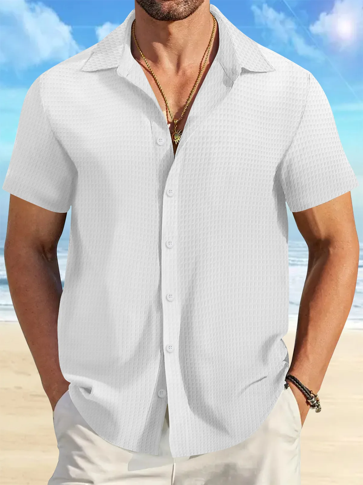 Men's Summer Beach Lapel New Solid Color Jacquard Craft short sleeve Sports Breathable Comfortable Loose Top Shirt