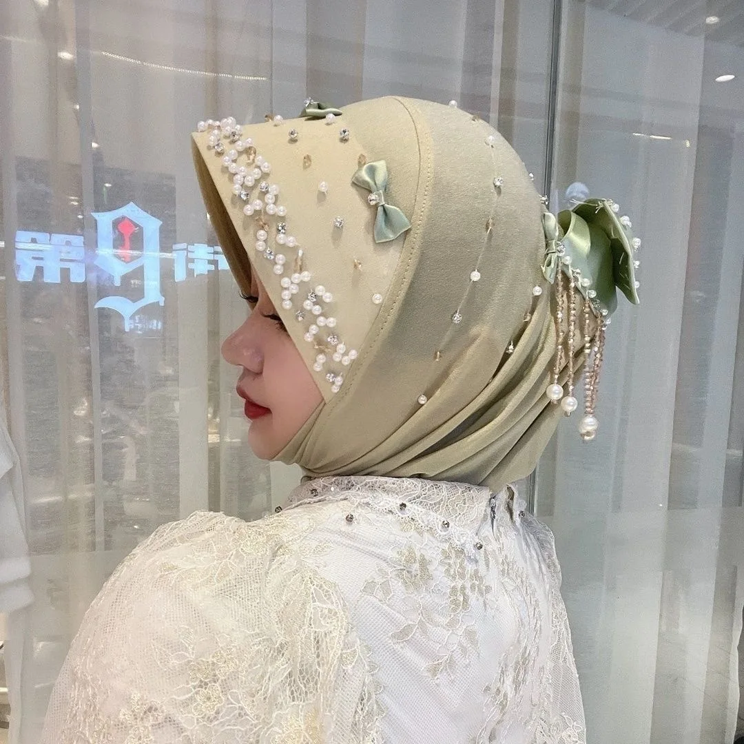 Pearls Bow Decor Moslem Sweet Girls Shawls Hat Hijab Wraps