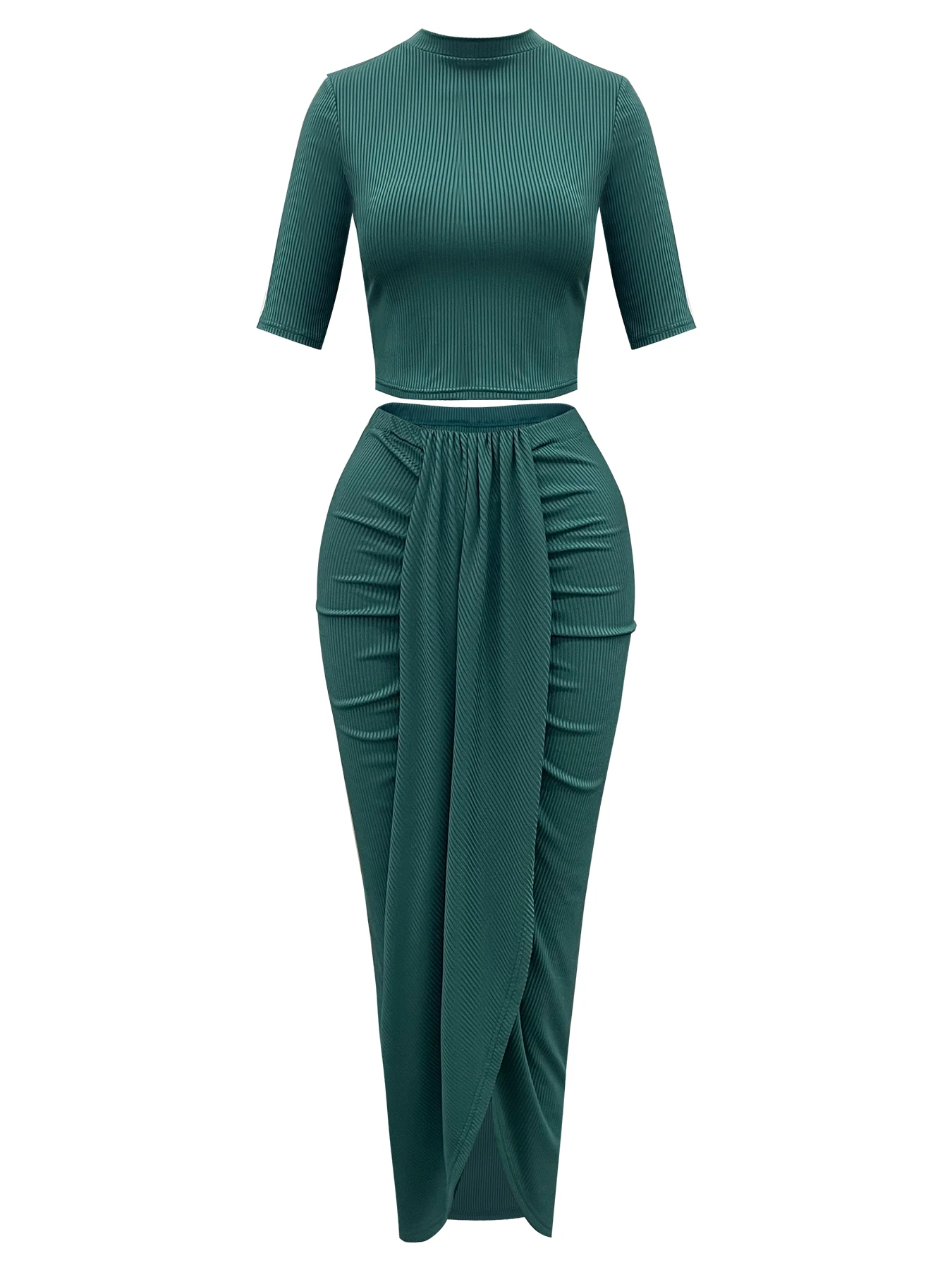 Conjunto feminino estilo europeu com gola simulada, manga curta e saia maxi bodycon assimétrica, conjunto de duas peças