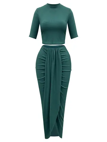 Women's European Style Mock Neck Short Sleeve Crop Top & Asymmetric Bodycon Maxi Skirt Two-Piece Set