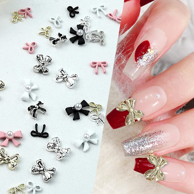 10 pz oro argento Mini Bowknot Nail Art Charms metallo lucido farfalla cuore 3D Nail Art decorazione accessori manicure fai da te