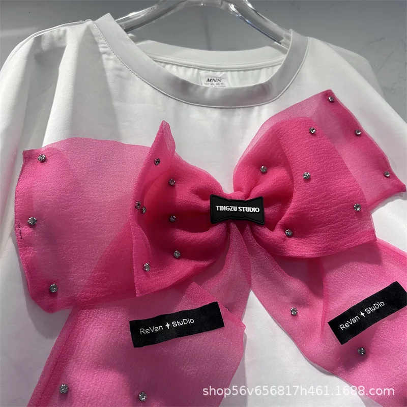 Trendy New Spring Summer Women Two-piece Set Diamonds Pink Bow White Short Sleeve T-shirt Top + High Waist Loose Wide Leg Jeans