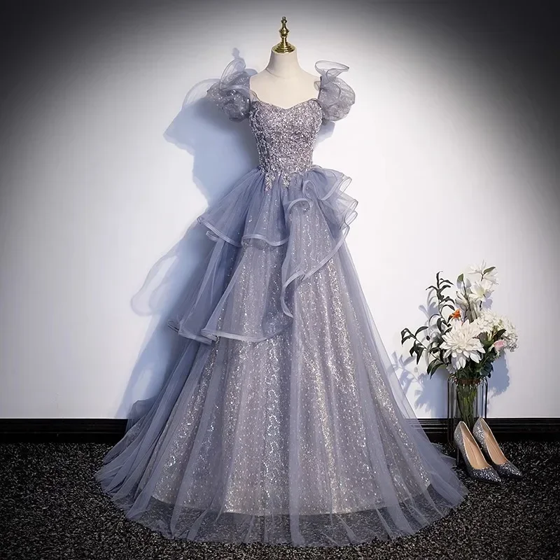 

Princess Puff Sleeves Shiny Prom Dress Crystal A Line Sparkly Banquet Party Dresses Tulle Women Formal Evening Cocktail Gown