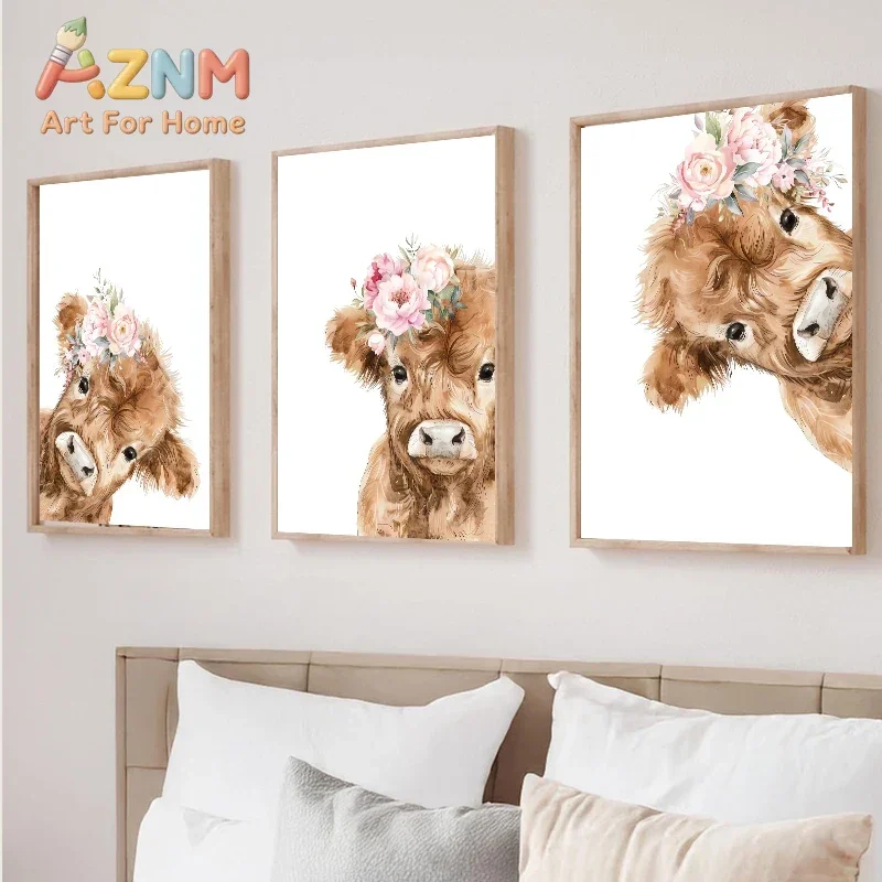 (2D canvas painting)  Cute Peeking Highland Cow with Pink Bow Poster Canvas Painting Print Nursery Decor Gift, Baby Girl Farm